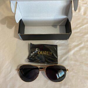 NWT Ouwen aviator style goldtone rimmed sunglasses, new with tags, original pkg